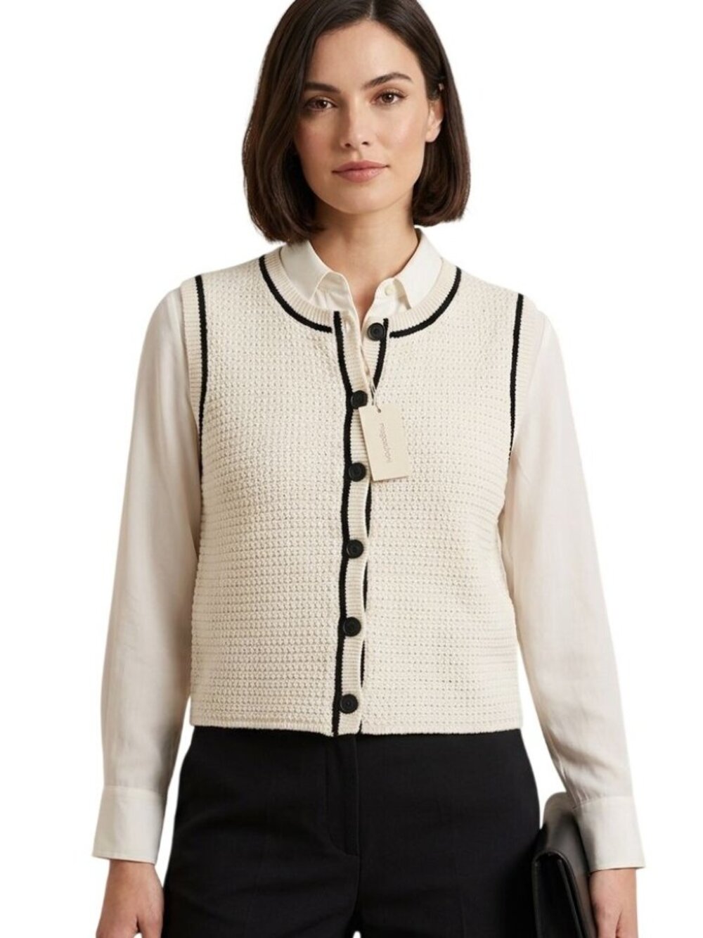 Magaschoni Cream Textured Knit Sleeveless Button-Front Sweater Vest Size Large - Picture 10 of 10